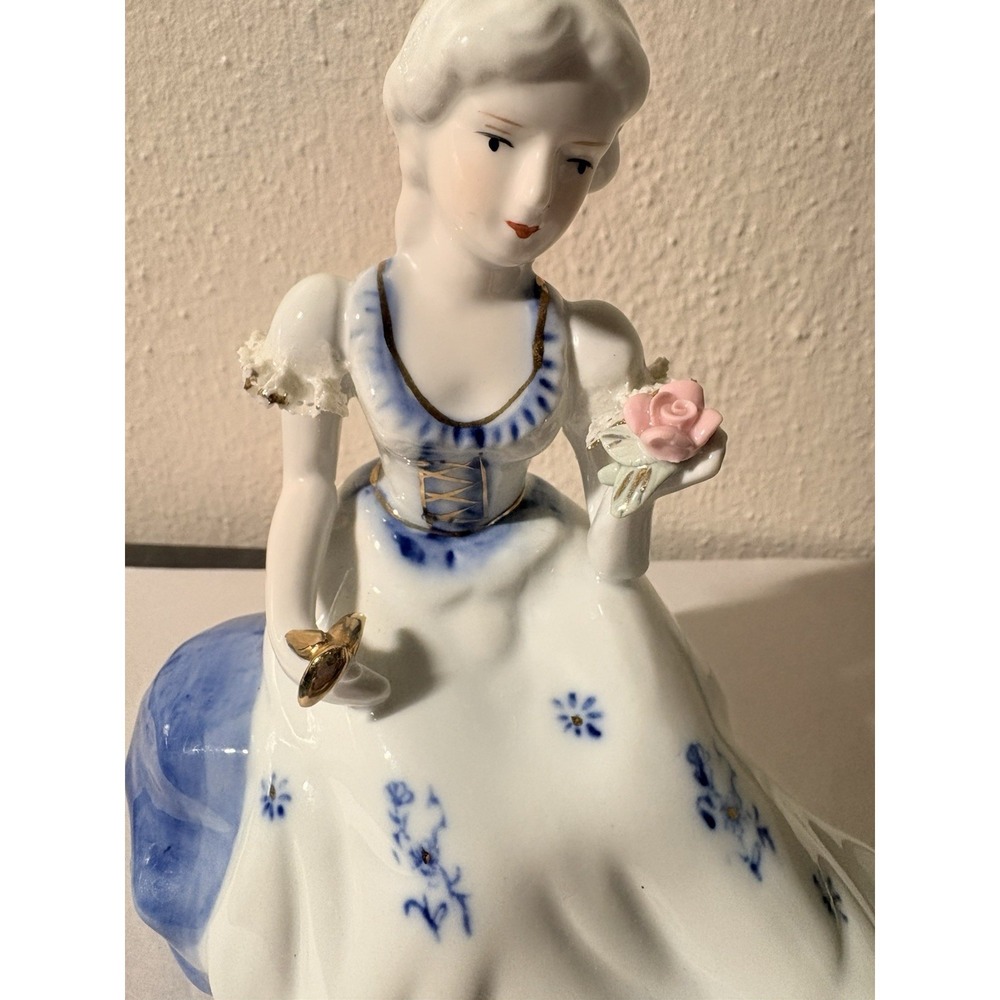 Vintage 7" German Woman Blue & White Dress Porcelain Figurine. Beautiful Art